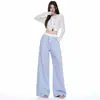 Pantalones casuales de pierna ancha a cuadros azul claro TXJ para mujer, color contrastante, cintura elástica, caída suelta, pierna recta, hasta el suelo, finos