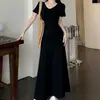 Vestido Retro Francés de Manga Corta con Cuello en V para Mujer en Verano, Cintura Ajustada con Pliegues para un Look Adelgazante, Falda Larga a la Rodilla que Cubre la Cadera