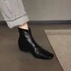 Botines retro de piel genuina estilo francés, adecuados para otoño e invierno, versátiles para ir al trabajo, con tacón grueso y punta cuadrada, botas negras para mujer para exportación transfronteriza
