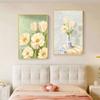 Cabecero de Dormitorio Floral Color Crema Pintura Decorativa, Arte de Pared de Dormitorio Principal Estilo Nórdico de Alta Gama, Mural de Pared Fresco y Sencillo