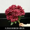 Ramo de rosas artificiales de nueve puntas para decoración del hogar en la sala de estar, arreglo de flores artificiales para bodas y celebraciones, rosas rojas, admite envío directo