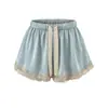 Shorts de Satín con Ribete de Encaje Dulce y Picante, Nuevo Estilo de Verano, Cintura Elástica con Cordón, Corte Holgado, Rectos Adelgazantes, Pantalones Cortos Casuales para Mujer