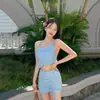 Nuevo Bikini de Dos Piezas Estilo Coreano Azul Puro Deseo para Mujer, Push-Up para Busto Pequeño, Estilo Falda, Atado Delgado