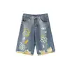 Jeans Rotos de Verano Estilo Retro Nuevo con Estampado de Dibujos Animados y Grafiti para Mujer, Talla Petite, Pantalones Cropped de Pierna Ancha de Gama Alta