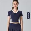 Traje de Yoga Retro de Verano con Cuello en V Deportes Fitness Ajustado Manga Corta Top Pluma Tenis Correr Absorbente de Sudor Secado Rápido Camiseta