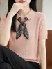 2026 Primavera/Verano Nuevo Tejido Fino de Lana con Cuello Polo de Manga Corta para Mujer, Suéter Holgado con Corbata, Camiseta