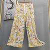 Pantalones de pijama de algodón y seda para mujer, estilo fino de verano, talla grande, pantalones de pierna ancha de cintura alta, adecuados para usar en exteriores, pantalones de playa de seda de algodón artificial, pantalones para casa