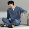 Pijama Masculino de Algodão Puro para Outono e Inverno Manga Longa Calça Longa Macio Respirável Pijama Simples Casual Masculino Conjunto de Duas Peças