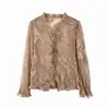 Novedad 03/08 Principios de Otoño Estilo Francés Pura y Sexy Bordado Pesado Cuello en V Volantes Adorno Blusa para Mujer F1122