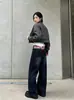 Jeans estilo europeu e americano com patchwork da Union Jack na cintura traseira, novo modelo de outono, design reto solto, calças casuais de perna larga