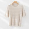 Camiseta de Manga Corta de Punto Calado Lyocell Tencel Lino Estilo Nuevo de Verano para Mujer Casual Versátil Cuello Redondo Color Liso