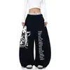 Calça de Moletom Super Estilosa para o Início do Outono com Estampa de Letras Retrô, Cordão, Design em Camadas e Corte Curvo Único, Caimento Solto, Calça Wide-Leg para Street Dance