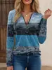 Camiseta de Manga Larga con Estampado, Cuello en V, Cremallera, Parches, para Mujer, Primavera/Verano 2025, Transfronteriza Europea y Americana, Amazon