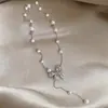 A Beleza Chora~ Colar de Zircônia com Laço e Pérolas Super Feérico, Corrente de Clavícula Niche de Luxo Leve, Doce Acessório de Pescoço