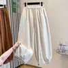 Calças cropped de algodão e linho bordadas para mulheres, calças casuais de cintura alta vintage de verão, calças de perna larga soltas e modeladoras de nove pontos, leves