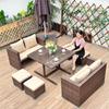Sofá de Rattan, Jardim de Pátio, Armazenamento Combinado, Mesa e Cadeiras de Rattan, Apoio para os Pés, Laje de Pedra, Mesa de Madeira Plástica, Lazer ao Ar Livre, Estilo Simples