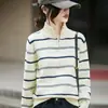 Suéter de malha 100% algodão para mulheres, com zíper parcial, gola alta, mangas compridas, estilo pullover, listrado, corte solto, adequado para primavera e outono, pode ser usado como camada interna ou externa