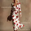 Vestido Transfronteiriço Novo Estilo com Decote em V e Mangas Longas com Elementos de Impressão Digital 3D, Saia Fashion e Personalizada para Marcar a Cintura Feminina