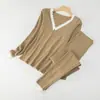 Roupa Térmica de Veludo Bebê com Gola V e Renda, Conjunto de Top e Calça Térmica Aquecida, Nova Coleção Outono para Mulheres