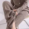 Pantalones de punto de lana pura de pierna ancha con jacquard de espiga hilo dorado y plateado cintura alta para mujer, pantalones rectos casuales holgados, pantalones largos estilo otoño e invierno