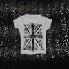Camiseta Redonda con Estampado de Cruz Gótica Europea y Americana con Pedrería, Top Corto de Verano Vintage Hip-Hop Harajuku Ajustado para Mujer