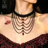 Collar con Colgante de Gota de Agua con Borla y Perlas Negro Rojo Gótico Oscuro Cadena para Clavícula Punk Pesado de Personalidad Nicho Halloween