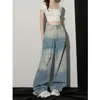 Calça Jeans Patchwork Rasgada Estilo Americano para Mulheres, Tendência Versátil Verão 2026 Nova Calça de Cintura Alta Fluida Comprimento Total