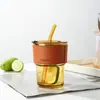 Taza de Bambú Estilo Nuevo, Vaso de Vidrio para Oficina con Tapa y Popote, Taza de Café de Apariencia Elegante para Mujeres, Vaso para Beber para el Hogar y Estudiantes