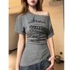 Camiseta de Manga Corta con Hombro Caído Diseño American Hot Girl Deseo Puro para Mujer Verano Nueva Look Adelgazante Top Versátil con Hombros Descubiertos