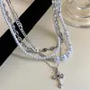 Collar de Perlas con Lazo de Diamantes Multicapa para Mujer Cadena de Clavícula Simple Retro Francesa Atmósfera de Lujo Puro Otoño e Invierno