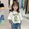 G2528 # Camiseta de Manga Larga de Primavera para Niña Top de Algodón Puro Nuevo Estilo 2025 Camiseta Falsa de Dos Piezas para Niños Capa Base de Primavera y Otoño