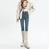 Jeans Skinny Feminino de Cintura Alta para Primavera e Outono, Estilo Coreano, Slim Fit, Valoriza a Silhueta, Justo, Adequado para Combinar com Botas, Calça Lápis para Mulheres