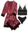 Conjunto de Pijama Feminino de Renda Sexy para Casa Conjunto de Quatro Peças