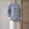 Estilo de pareja, color liso, talla grande, traje Tang, camisa casual para mujer, cuello mandarín, primavera/otoño, estilo chino, camisa vintage de manga larga, para hombre