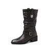 Hebilla de cinturón de chica picante estilo americano Botas occidentales holgadas Invierno 2025 Tacón medio grueso Punta redonda Cuero genuino Botas sueltas de media caña para mujer Talla 41