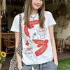 Camiseta Blanca de Manga Corta con Cuello Redondo Estilo Verano para Mujer con Diseño de Dibujos Animados Graffiti de Nicho, Top Casual y Versátil
