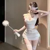Lencería sexy en múltiples colores, malla de encaje hueca transparente con un cuello de bolsillo, uniforme de falda corta de dos piezas ajustado, disponible para dropshipping