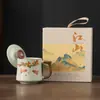 Caneca de Cerâmica Ru Kiln de Alta Qualidade com Tampa, Conjunto em Caixa de Presente, Xícara de Chá para Escritório, Presente para Idosos e Professores