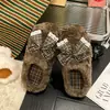 Nuevas Zapatillas de Felpa a Cuadros Retro con Lazo para Mujer Otoño/Invierno 2026, Zapatillas de Algodón Cálidas Antideslizantes para Interior del Hogar