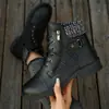 Botas Martin Planas de Cremallera Lateral Corta Estilo Europeo y Americano para Mujer con Hebilla de Cinturón y Cordones, Botas de Cuero de Caña Alta, Botas Martin Fuente de los Deseos