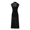 Vestido Largo de Manga Corta con Cuello Alto, Patchwork Plisado, Estilo Europeo y Americano, Nuevo para Primavera, Elegante Vestido Midi, Cumple con Normas Europeas y Americanas