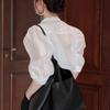 Camisa Feminina Branca de Chiffon com Gola Alta e Manga Curta, Fina, de Alta Qualidade, Elegante, Top de Tencel com Manga 3/4, Verão