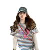 Camiseta de Algodón Rayada con Encaje Súper Brillante para Mujer, Estilo Hepburn, Corazón con Graffiti, Top Holgado Elegante que Reduce la Edad