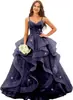 Vestido de Noite Estilo Europeu e Americano com Alças Finas, Decote em V, Cintura Marcada, Barra Ampla, Tule em Camadas, Banquete de Cerimônia para Adultos, Céu Estrelado, Longo Bufante