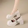 Zapatos Mary Jane de Tacón Grueso con Lazo de Perlas Francesas para Mujer 2026 Verano Nuevo Estilo Tacones Altos Cómodos Zapatos Pequeños de Cuero