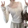 Camiseta de manga larga con encaje, cálida, ajustada, con temperamento sexy, de terciopelo con hilo, para otoño e invierno, al por mayor transfronterizo, camiseta básica para mujer