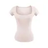 Camiseta puramente atraente para mulheres, com decote quadrado, ombros retos, mangas curtas, novo produto de verão, fina, justa ao corpo, curta, sexy, revelando a clavícula