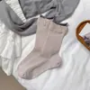 Meias de Algodão Finas Sem Costura, Meias Duplas Cinza Azul, Meias de Cano Alto com Estampa de Flores e Botões, Meias de Cano Alto Empilháveis, Meias de Cano Alto da Moda para Mulheres