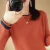 Suéter fino de punto de retazos elegante para primavera y otoño, top de algodón de punto para mujer, cuello redondo, manga larga, corte holgado, top corto básico