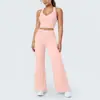 Conjunto deportivo de yoga para mujer, top sin mangas de color block con cuello en U de tela cepillada estilo europeo y americano, pantalones de yoga ajustados, pantalones de pierna ancha acampanados de cintura alta